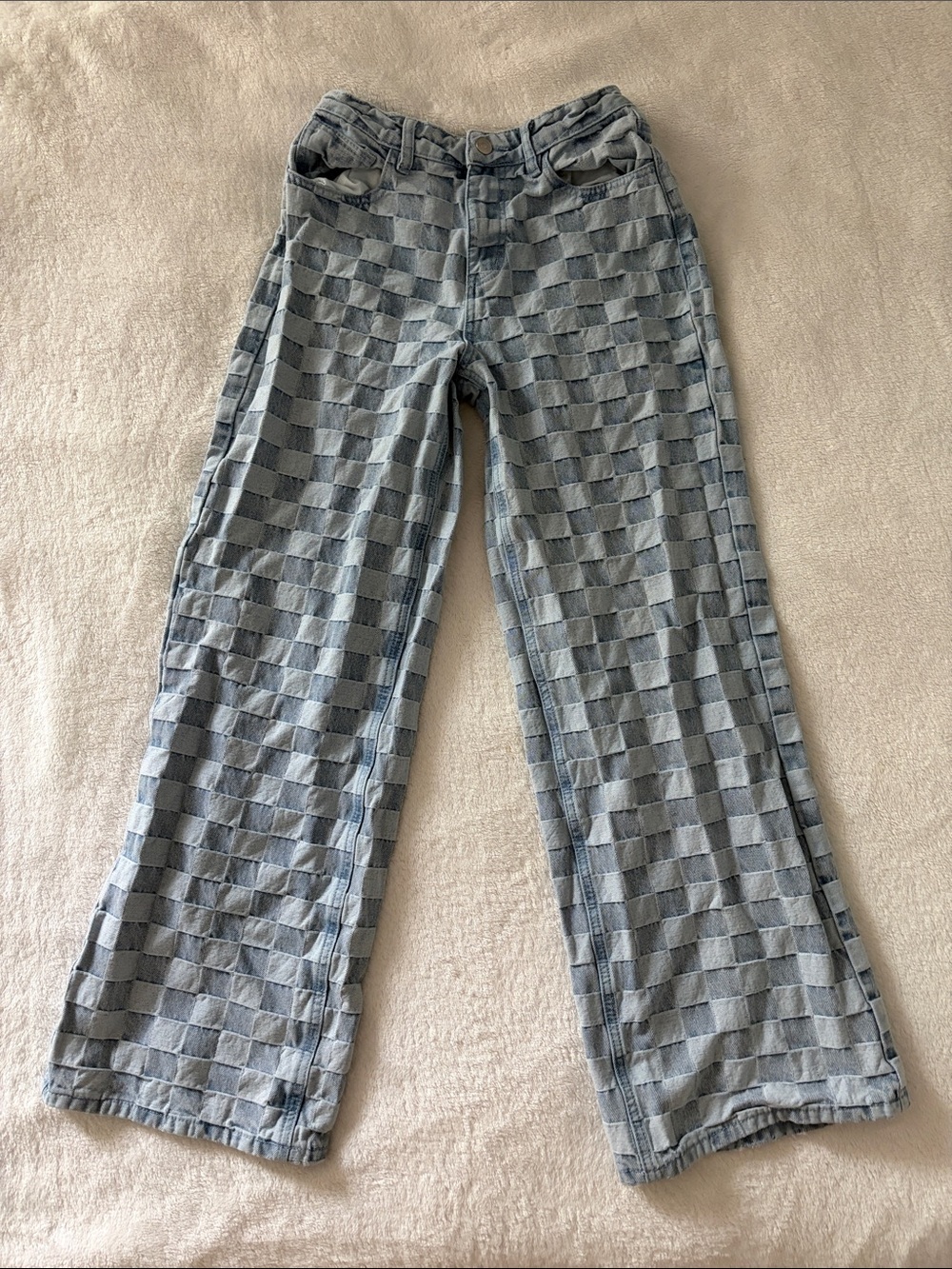 Checkerboard Wide-Leg Jeans in Light Blue